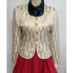 Vintage Ivory Beaded Jacket Gold Metallic 6 Elegant Holiday Glam Blazer Evening